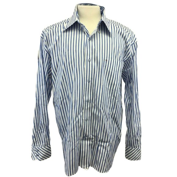 TOMMY HILFIGER Mens Casual Button Shirt L Blue White Striped L/S 80s - Picture 1 of 12